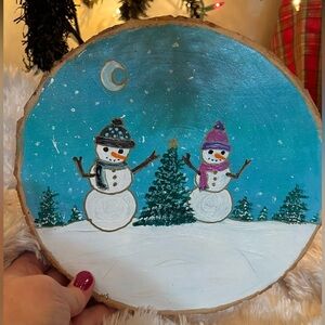 Homemade Xmas Painting On Wooden Slab